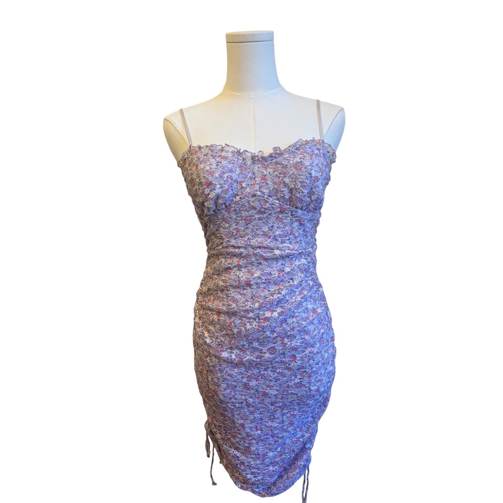 Lace‎ Ruched Bodycon Dress Small Purple Floral Y2K Streetwear Mini babydoll